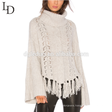 Latest design white bell sleeve tassel pullover sweater turtleneck sweater for women